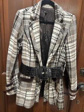 Maurices L Brown & Cream Plaid Coat with Belt Detail